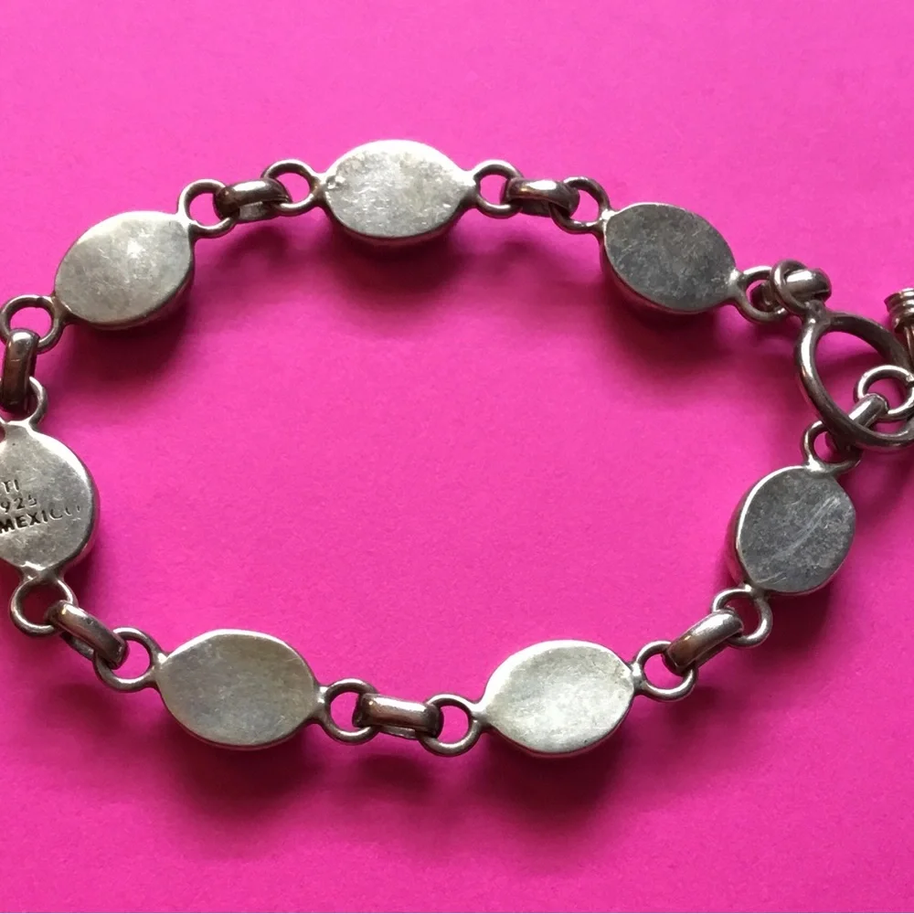 Vintage Turquoise Link Toggle Bracelet 925 Sterling Silver Mexico, 20grams 8”in